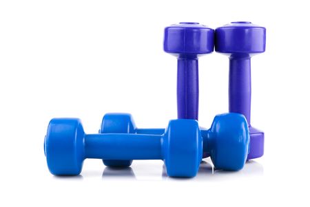 row of four color dumbbell  isolated on whiteの写真素材