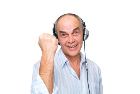 mature man in headphones show hand isolated on whiteの写真素材