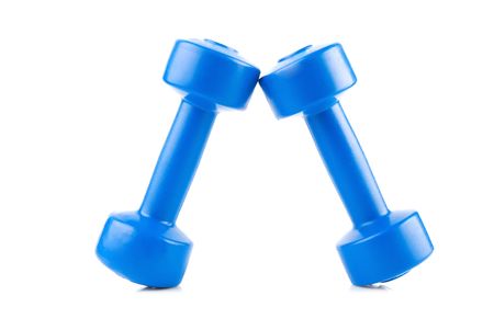 two blue dumbbell  stand isolated on whiteの写真素材