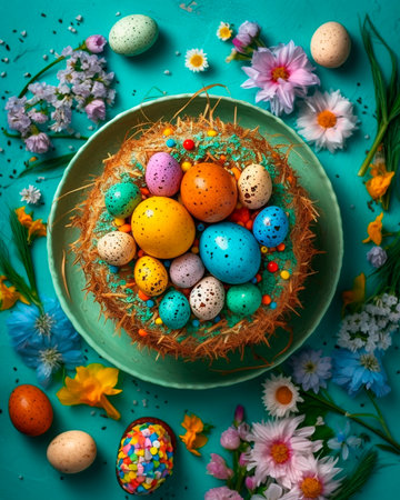 Easter eggs with spring blossom flowers over blue background, Colored Egg Holiday card, generative aiの素材
