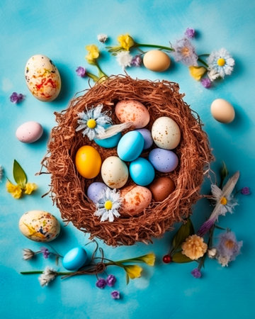 Easter eggs with spring blossom flowers over blue background, Colored Egg Holiday card, generative aiの素材
