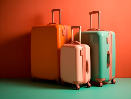 Stylish suitcases on a colored background, generative aiの素材