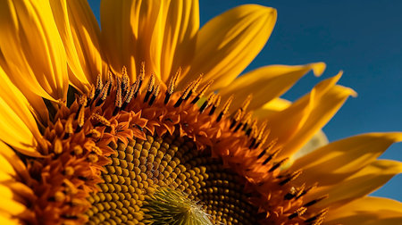 Close up of a sunflower with a blue sky in the backgroundの素材