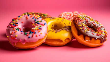 Colorful donuts on pink background. close up. sweet food.の素材