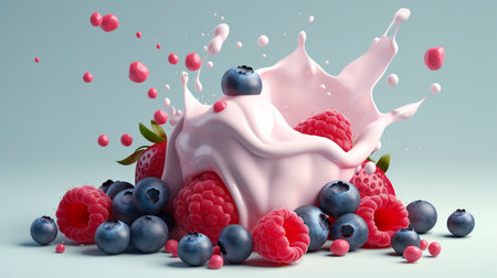 Milk splash with berry fruits and berries. 3d renderingの素材