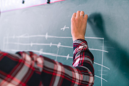Close-up of female student writing on chalkboard in classroom at school