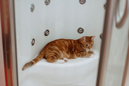 Ginger cat sits in the shower and restsの写真素材