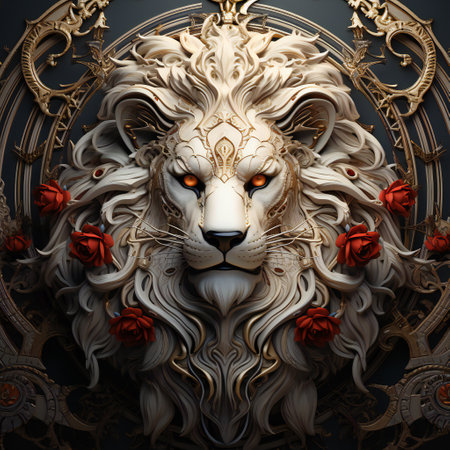 Lion head with red roses and golden frame. 3D renderingの素材