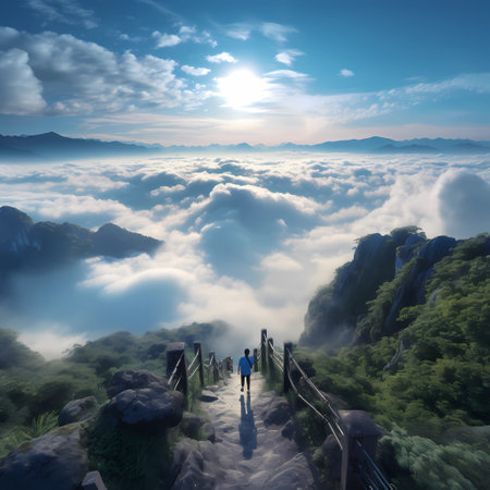 Woman walking on a bridge over the sea of clouds in the morningの素材