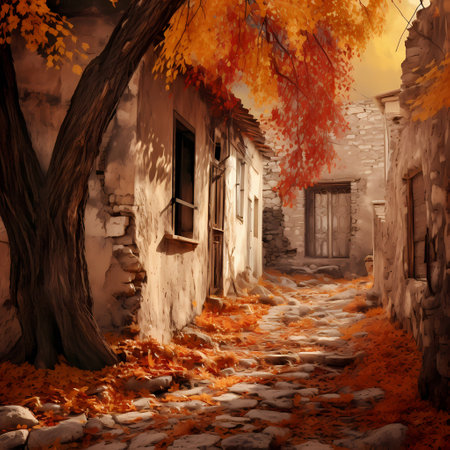 Abandoned house with yellow leaves in autumn. 3D renderingの素材