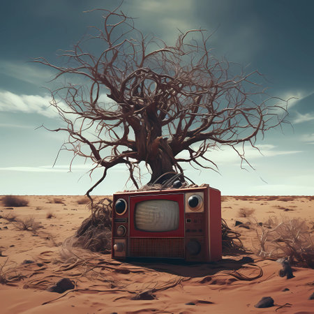 Vintage TV and dead tree in the desert. 3d renderの素材