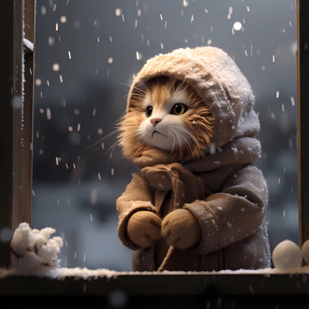 Cute ginger cat in warm sweater and scarf standing near window with snowflakes.の素材
