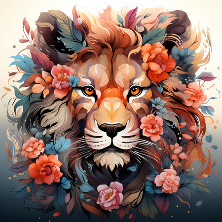 Lion head with flowers and leaves. Vector illustration in retro style.の素材