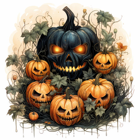 Halloween pumpkins with scary faces and leaves. Vector illustration.Isolated on white backgroundの素材