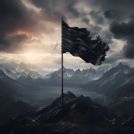 Black flag waving in the wind on top of a mountain. 3d renderingの素材