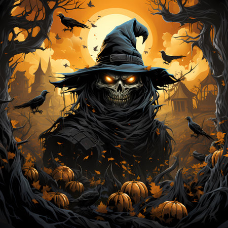 Scary halloween background with witch, pumpkins and batsの素材