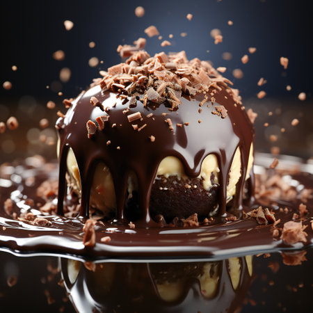 Chocolate ball with pieces of chocolate and sprinkles on a dark backgroundの素材