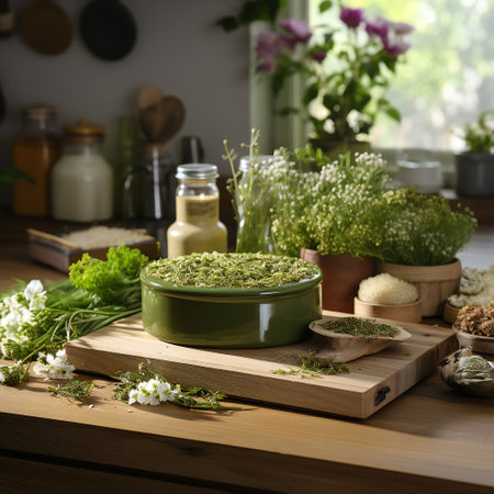 Herbs and spices in a ceramic bowl on a wooden kitchen tableの素材