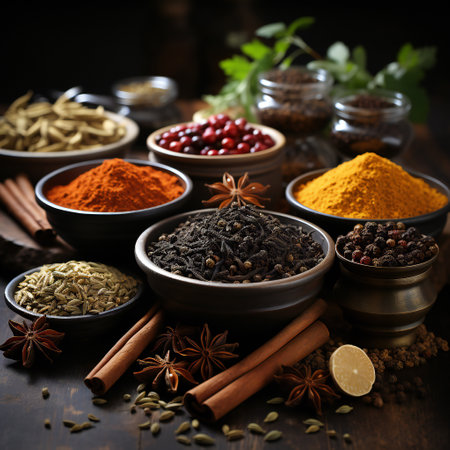 Spices and herbs in bowls over wooden background. Food and cuisine ingredients.の素材
