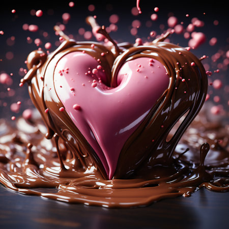 Chocolate heart with splashes and drops of melted chocolate on a dark backgroundの素材