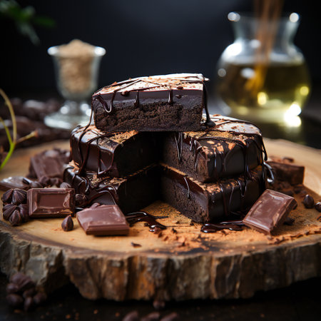 Pieces of chocolate cake with chocolate glaze on wooden board.の素材