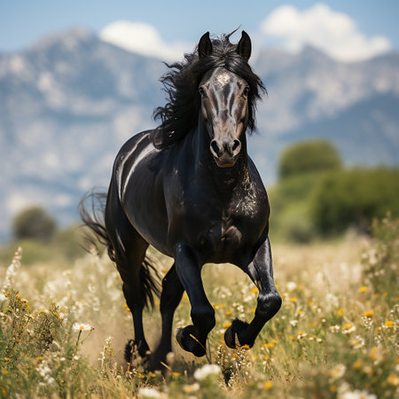 Black horse galloping in the field with daisies and mountains in the backgroundの素材