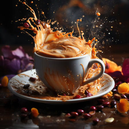 Cup of coffee with splashes and drops on dark wooden backgroundの素材