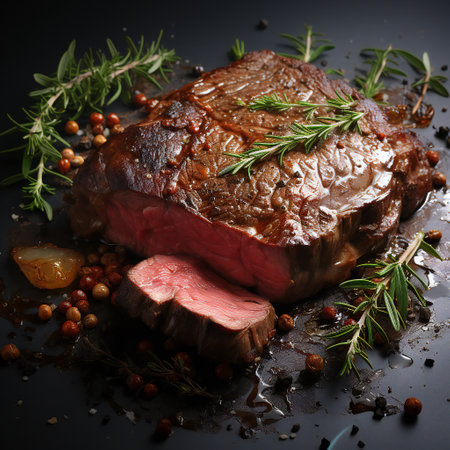 Beef steak with rosemary and spices on a black background.の素材