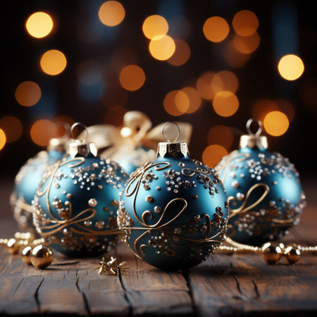 Blue christmas balls on wooden background with bokeh lights.の素材