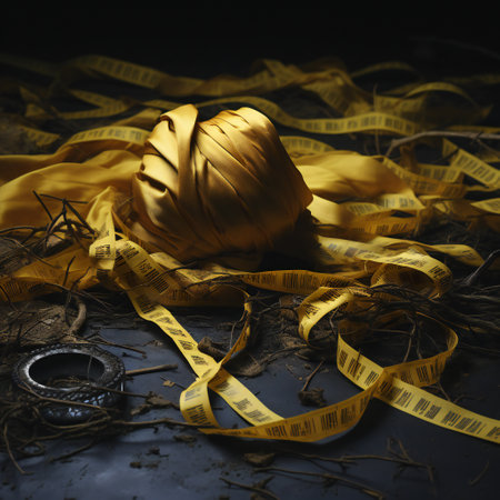 Vintage still life with golden thread, scissors and yellow tape.の素材