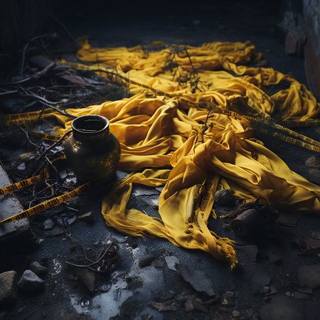 Vintage still life with yellow fabric, clay jug and rope.の素材