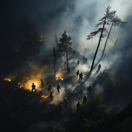 Silhouettes of firefighters on the background of the forest at nightの素材