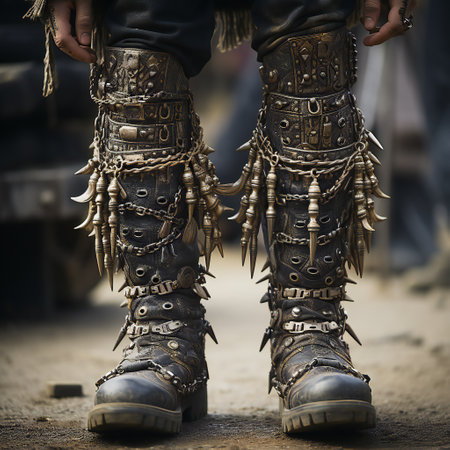 A man in a medieval costume and leather boots, close-upの素材
