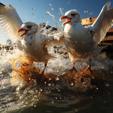 Two seagulls fighting for a piece of bread in the waterの素材