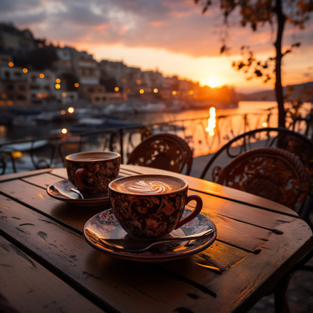 Two cups of coffee on a table in a cafe on the background of the sunset.の素材