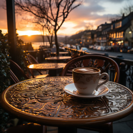 Cup of coffee on a table in a street cafe at sunsetの素材