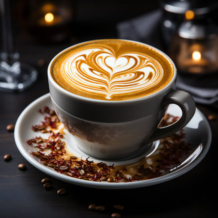 Coffee cup with latte art on wooden table background.の素材