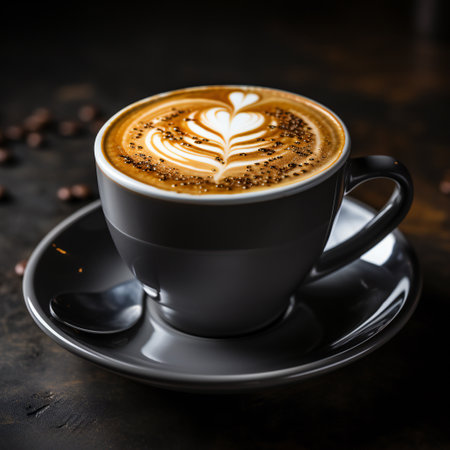 Coffee cup with latte art on dark rustic backgroundの素材