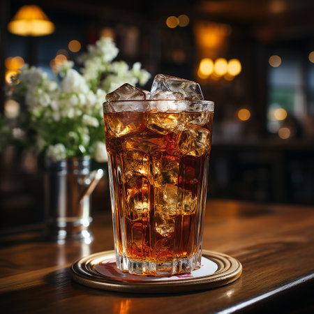 Cola with ice cubes in a glass on a wooden table in a pubの素材