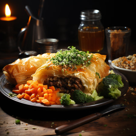 Vegetable strudel stuffed with meat and vegetables on wooden tableの素材