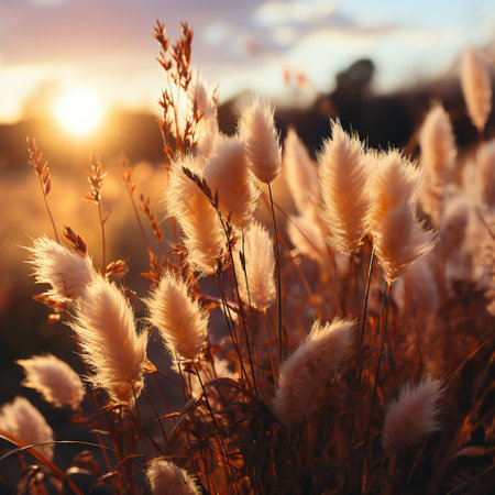 Fluffy grass in the field at sunset. Beautiful nature background.の素材