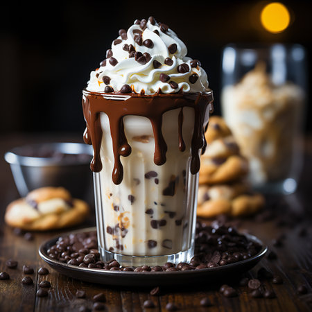 Chocolate milkshake with whipped cream and chocolate chips, selective focusの素材
