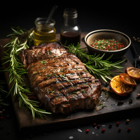 Grilled T-bone steak with rosemary and spices on dark backgroundの素材