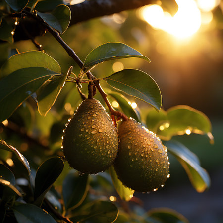 Green avocado on a tree in the rays of the setting sunの素材
