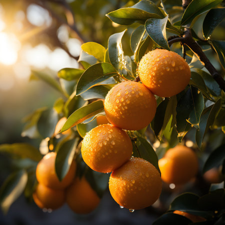 Ripe tangerines on the tree in the orchard at sunsetの素材