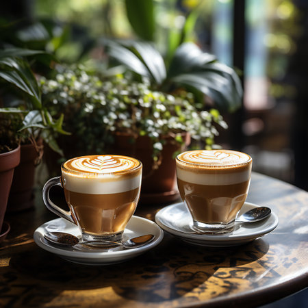 Latte art coffee in a cup on wooden table and green plant backgroundの素材