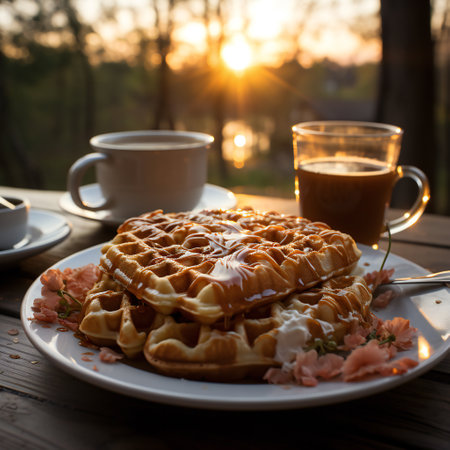 Breakfast with waffles and coffee on a wooden table at sunsetの素材