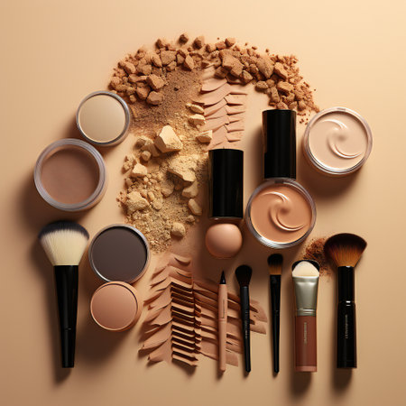 collection of make up and cosmetic beauty products arranged on brown background, each one is shot separatelyの素材