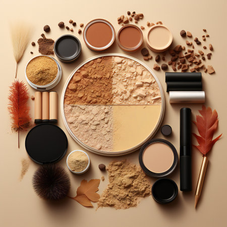 Makeup products and autumn leaves on beige background, top viewの素材