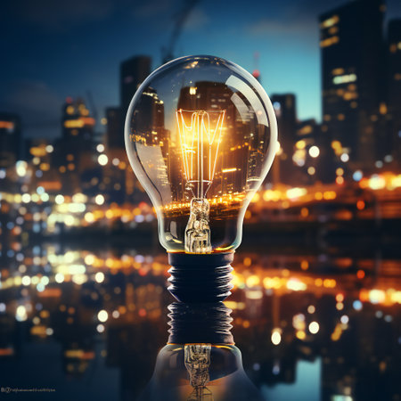 Light bulb on blurred city background. Idea concept. 3D Renderingの素材